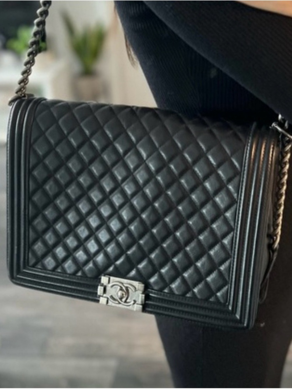 CHANEL Black Quilted Lambskin Boy Flap Shoulder Bag with Silver-Tone Hardware